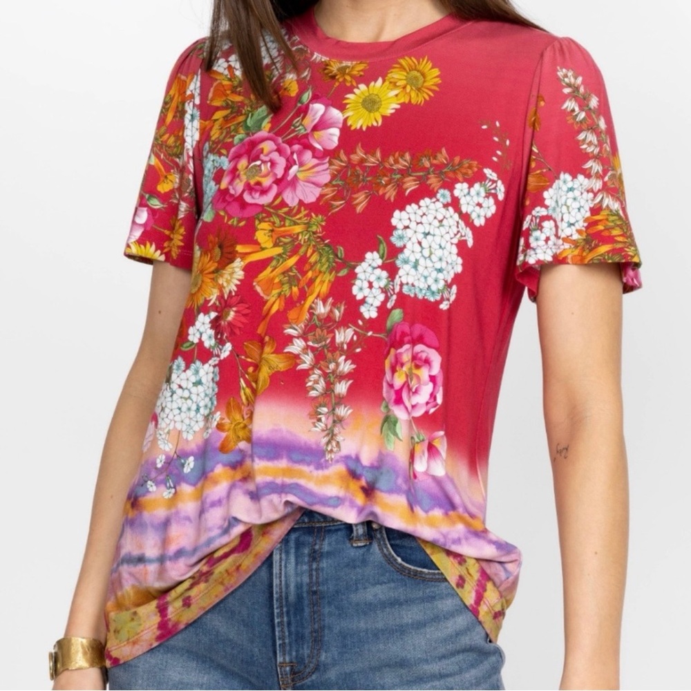 NWT | JOHNNY WAS Golden Rose Flutter Sleeve Top T-shirt Size Small S Pink Floral